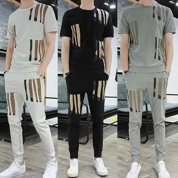 Мужская тонкая футболка с принтом, топы с короткими рукавами, карманные брюки, спортивный повседневный костюм L чёрный