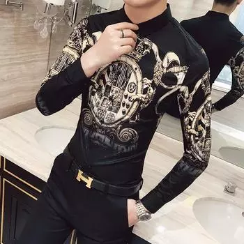 Мужская тонкая молодежная повседневная рубашка с длинным рукавом и принтом значка