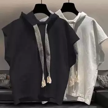 Мужская тонкая однотонная футболка без рукавов с капюшоном и красивым свободным жилетом на плечах на весну и лето 4XL белый