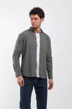 Мужская тонкая полосатая рубашка с длинным рукавом цвета хаки