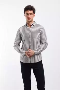 Мужская тонкая рубашка с длинным рукавом в вертикальную полоску коричневая