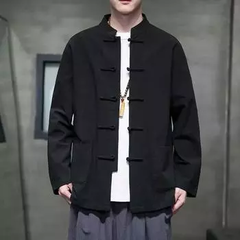 Мужская тонкая рубашка с длинными рукавами в китайском стиле, однотонный повседневный костюм в стиле ретро с воротником-стойкой в стиле Тан 5XL белый