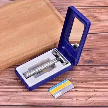 Мужская традиционная бритва с двойным лезвием из нержавеющей стали, лезвие с двойным лезвием, безопасная ручка для бритвы, держатель лезвия, зеркало синий