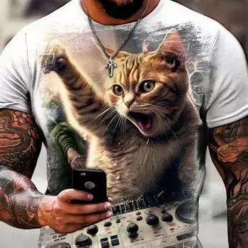 Мужская трендовая футболка с изображением кота для мужчин, повседневная модная уличная мода, регулярный крой с круглым вырезом и коротким рукавом, удобный материал, одежда S