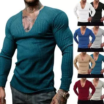 Мужская трикотажная футболка с тонким V-образным вырезом и длинным рукавом S белый