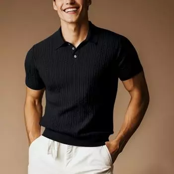 Мужская трикотажная рубашка с коротким рукавом и лацканами, однотонная, ажурная, дышащая, мужская одежда L чёрный