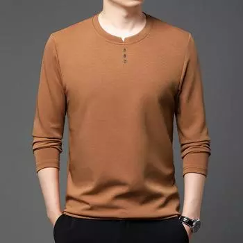 Мужская трикотажная рубашка с V-образным вырезом, футболка с длинным рукавом, низ рубашки, тонкая версия, однотонный низ, весенне-осенняя версия, молодежный круглый вырез, модный бренд M синий