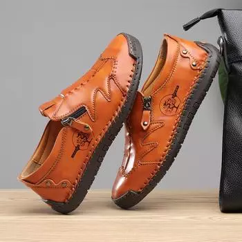 Мужская удобная повседневная кожаная обувь из спилка с боковой молнией и ручной строчкой 38 чёрный