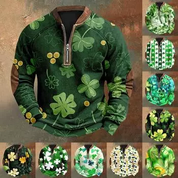 Мужская ул.. День Патрика Винтаж Повседневный Свитшот на молнии Повседневный Топ для активного отдыха XXXL золотой