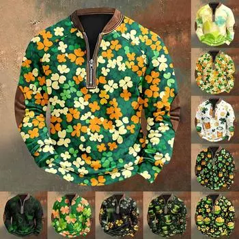 Мужская ул.. День Патрика Винтаж Повседневный Свитшот на молнии Повседневный Топ для активного отдыха M