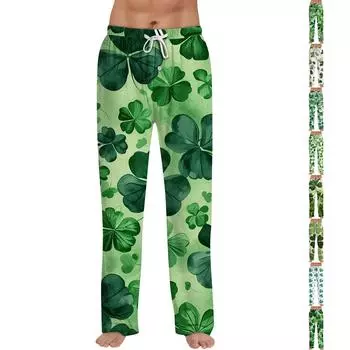 Мужская ул.. Штаны с завязками и принтом ко Дню Святого Патрика, повседневные пижамные штаны S