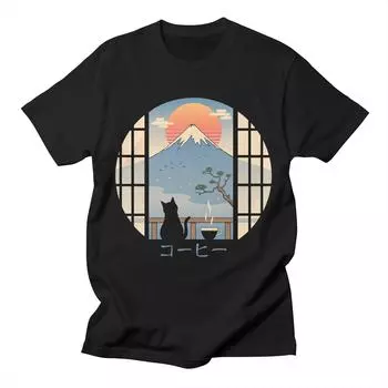 Мужская уличная футболка больших размеров в стиле хип-хоп, футболка с принтом «кофейный кот в горах» в стиле Харадзюку, хлопковые повседневные топы, летние футболки с короткими рукавами XL чёрный