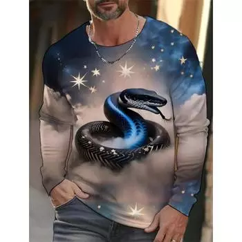 Мужская уличная футболка с принтом 3D змеи на Новый год, повседневная футболка с круглым вырезом и графическим принтом, топы, дышащие спортивные футболки с длинным рукавом для мужчин S