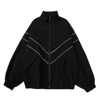 Мужская уличная куртка в стиле хип-хоп со светоотражающими полосками, куртка на молнии, ветровка, тонкая куртка в стиле Харадзюку, спортивное пальто 2XL чёрный