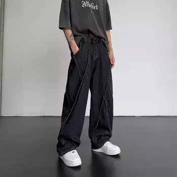Мужская уличная одежда Мешковатые джинсы Корейская мода Свободные прямые широкие брюки Мужская брендовая одежда Брюки XS чёрный