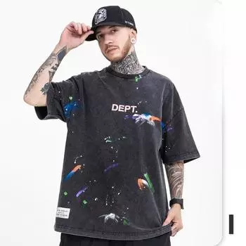 Мужская уличная одежда весна-лето с красочным принтом в виде брызг чернил, свободная повседневная винтажная футболка с коротким рукавом M