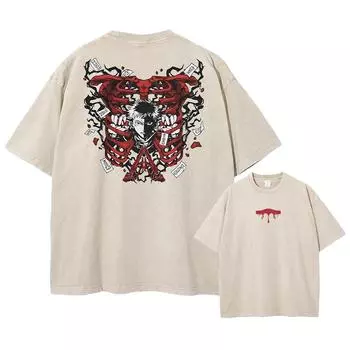 Мужская уличная одежда, выстиранная кислотой, футболка оверсайз, японское аниме, ретро, поношенная, с графическим принтом, хлопковая футболка с коротким рукавом S