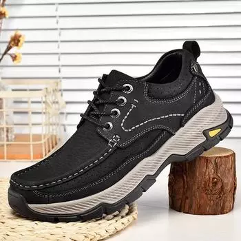 Мужская уличная походная обувь из воловьей кожи на шнуровке с низким верхом, повседневная обувь 38 чёрный