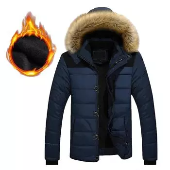 Мужская уличная теплая зимняя толстая куртка с капюшоном и карманом на молнии L синий