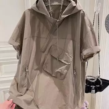 Мужская уличная толстовка с капюшоном на молнии с декоративным клапаном и карманом, свободный крой, короткие рукава XXL белый