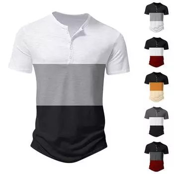 Мужская универсальная летняя лоскутная свободная рубашка с короткими рукавами и винтовым вырезом в тон L чёрный