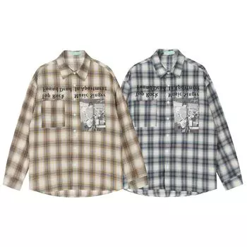 Мужская универсальная рубашка в клетку с длинными рукавами и принтом в виде букв на осенней улице, модная рубашка в клетку со стоячим воротником M синий