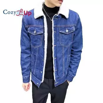 Мужская зимняя джинсовая куртка с подкладкой из шерпы, теплая утолщенная куртка Trucker с несколькими карманами M чёрный