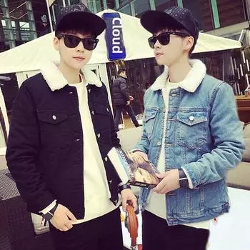 Мужская утолщенная зимняя джинсовая куртка с подкладкой из овечьей шерсти, облегающий корейский стиль 2XL чёрный