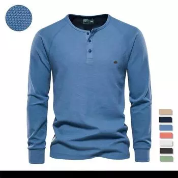 Мужская вафельная футболка, новая осенняя футболка с воротником-хенли и длинным рукавом, простые дышащие мужские футболки, однотонные топы для мужчин S 50-60 kg белый