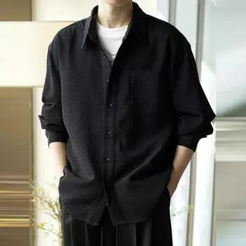 Мужская вафельная рубашка на пуговицах с длинным рукавом, повседневная свободная футболка с нагрудным карманом, мужская M абрикосовый