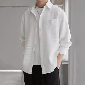 Мужская вафельная рубашка на пуговицах с длинным рукавом, повседневная свободная футболка с нагрудным карманом M чёрный