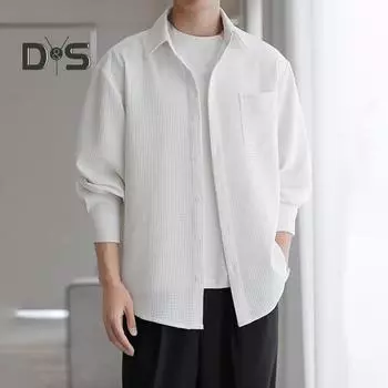 Мужская вафельная рубашка на пуговицах с длинным рукавом, повседневная свободная футболка с нагрудным карманом, мужская осенняя деловая рубашка M абрикосовый