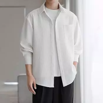 Мужская вафельная рубашка на пуговицах с длинным рукавом, повседневная свободная футболка с нагрудным карманом, мужская осенняя деловая рубашка L белый