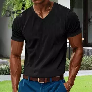 Мужская вельветовая футболка с V-образным вырезом, летняя трикотажная футболка с коротким рукавом, повседневный деловой топ для работы, отдыха, улицы S армия зеленый