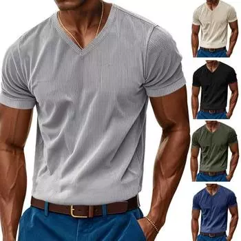 Мужская вельветовая футболка с V-образным вырезом, летняя трикотажная футболка с коротким рукавом, повседневный деловой топ для работы, отдыха, улицы S синий