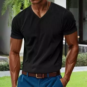 Мужская вельветовая футболка с V-образным вырезом, летняя трикотажная футболка с коротким рукавом, повседневный деловой топ для работы, отдыха, улицы S серый