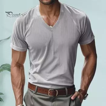 Мужская вельветовая футболка с V-образным вырезом, летняя трикотажная футболка с коротким рукавом, повседневный деловой топ для работы, отдыха, улицы S серый
