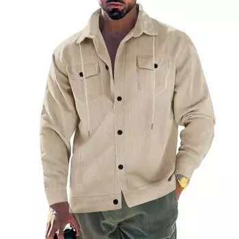 Мужская вельветовая куртка на пуговицах с длинным рукавом в полоску, повседневная винтажная рубашка с двумя карманами S коричневый