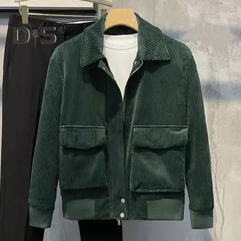 Мужская вельветовая куртка с лацканами, длинными рукавами, карманами с клапанами, застежкой-молнией, однотонная куртка, повседневная верхняя одежда M абрикосовый