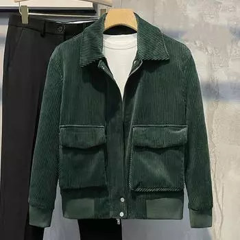 Мужская вельветовая куртка с лацканами, длинными рукавами, карманами с клапанами, застежкой-молнией, однотонная куртка, повседневная верхняя одежда M абрикосовый