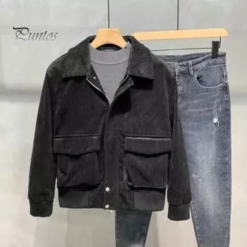 Мужская вельветовая куртка с лацканами, длинными рукавами, карманами с клапанами, застежкой-молнией, однотонная куртка, повседневная верхняя одежда M синий