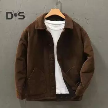 Мужская вельветовая куртка, зимнее теплое толстое пальто, повседневная куртка с воротником-лацканами, винтажная ретро-уличная одежда для повседневной носки, поездок на работу L кофейный