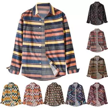 Мужская вельветовая рубашка с принтом, большая модная повседневная рубашка с длинным рукавом XXL синий