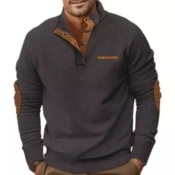 Мужская вельветовая толстовка с воротником-стойкой и пуговицами, полупланка, спортивные топы с длинными рукавами, контрастного цвета, футболка с искусственным карманом S чёрный