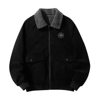 Мужская вельветовая утолщенная плюшевая куртка, куртка большого размера, однотонная свободная куртка с лацканами из ягненка чёрный