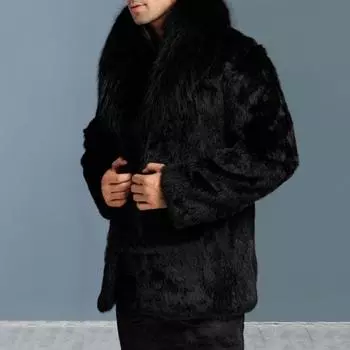 Мужская верхняя одежда из искусственного меха, однотонная флисовая куртка с меховым воротником и лацканами, утолщенная ветрозащитная S чёрный