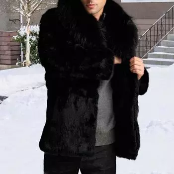 Мужская верхняя одежда из искусственного меха, однотонная флисовая куртка с меховым воротником и лацканами, утолщенное ветрозащитное зимнее пальто S чёрный
