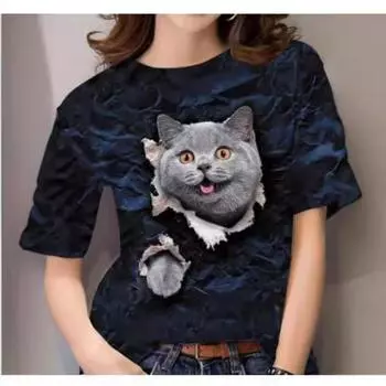 Мужская верхняя женская футболка с круглым вырезом и принтом Meow Series 3D с коротким рукавом Футболки (Женский) 2XS