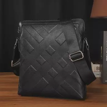 Мужская вертикальная сумка через плечо из натуральной кожи с тиснением - повседневная деловая сумка-мессенджер большой вместимости