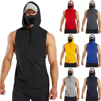 Мужская весенне-летняя однотонная майка без рукавов с капюшоном в стиле ретро XL чёрный